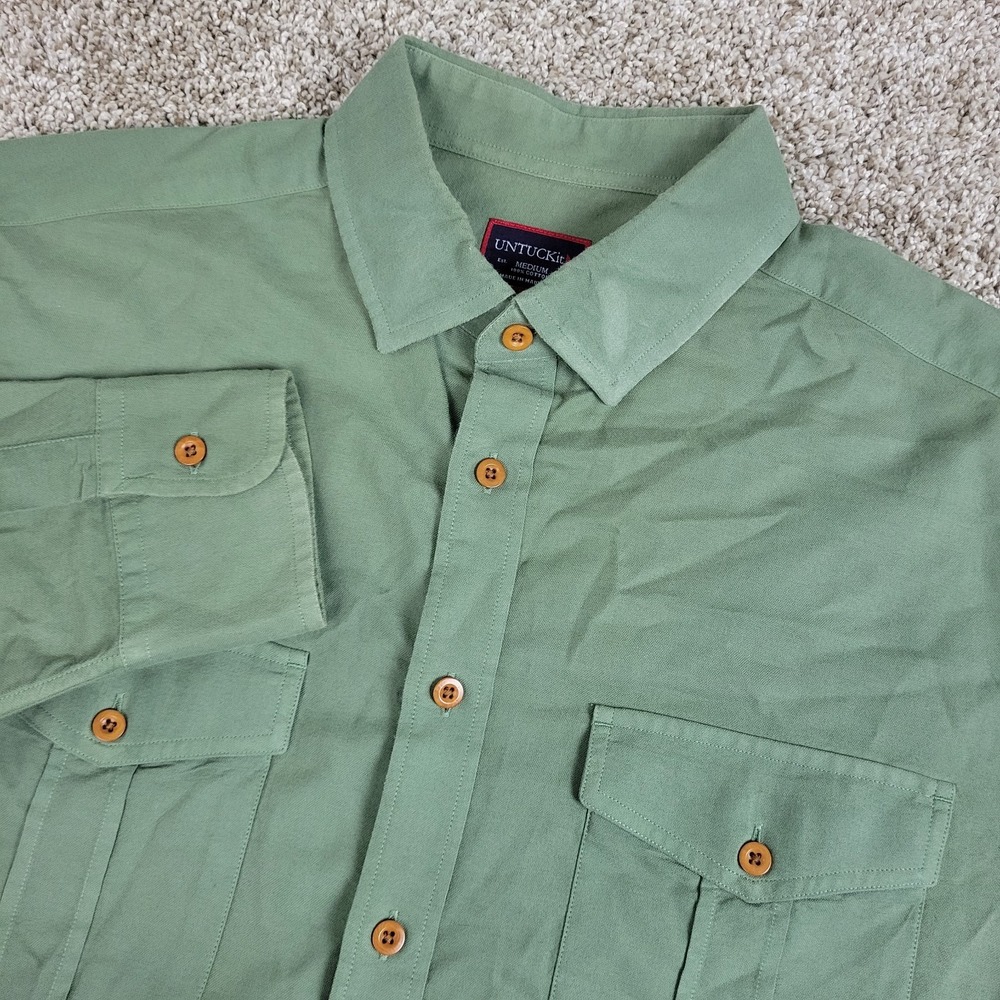 Untuckit Mens Medium Solid Olive Green Button Up Long Sleeve Workshirt